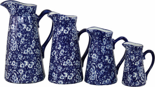 Set of 4 Ceramic Jugs, Vintage Blue & White Daisies Design-1